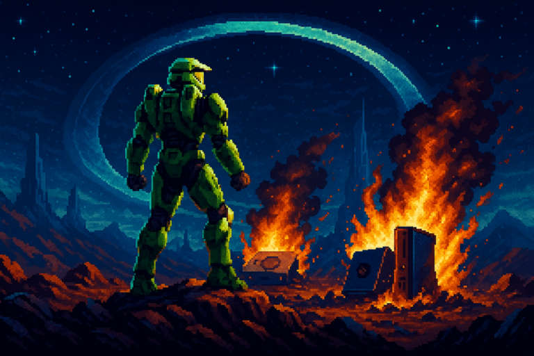 Capa pixel art: Halo no PS5 e o Xbox em Chamas: Julho Começa com o Maior Drama da Geração