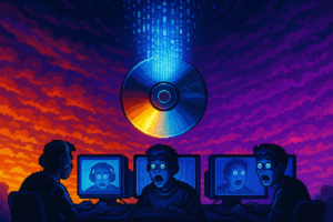 Capa pixel art: Tchau, Disco: A Sony Acabou de Matar a Mídia Física e a Internet Tá em Chamas