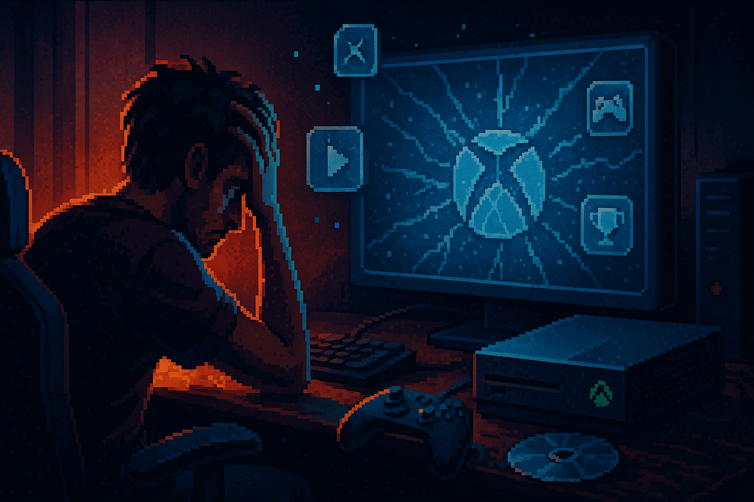 Capa pixel art: Xbox Caiu de Novo e Travou Até Seu Disco Físico: Bem-Vindo ao Futuro Digital