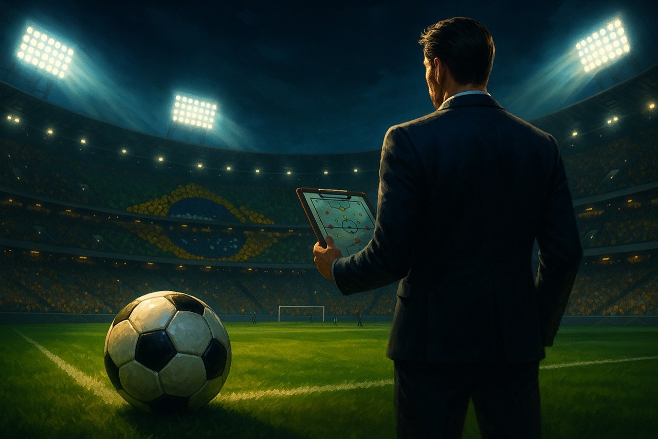 Chuteira Soccer — técnico à beira do campo com a prancheta tática, estádio lotado à noite