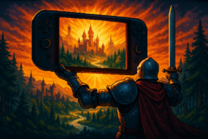 Capa pixel art: Oblivion no Switch 2: Cyrodiil Cabe no Bolso (Mas a Armadura de Cavalo Ainda Vai Custar Caro)