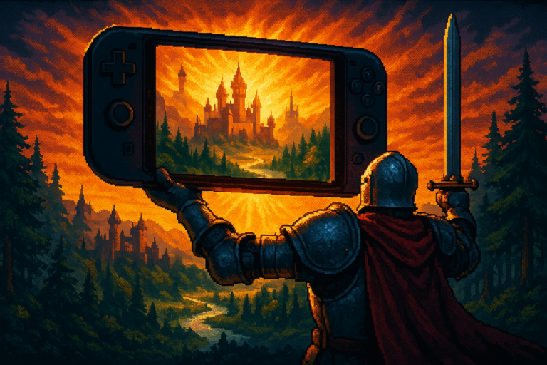 Capa pixel art: Oblivion no Switch 2: Cyrodiil Cabe no Bolso (Mas a Armadura de Cavalo Ainda Vai Custar Caro)