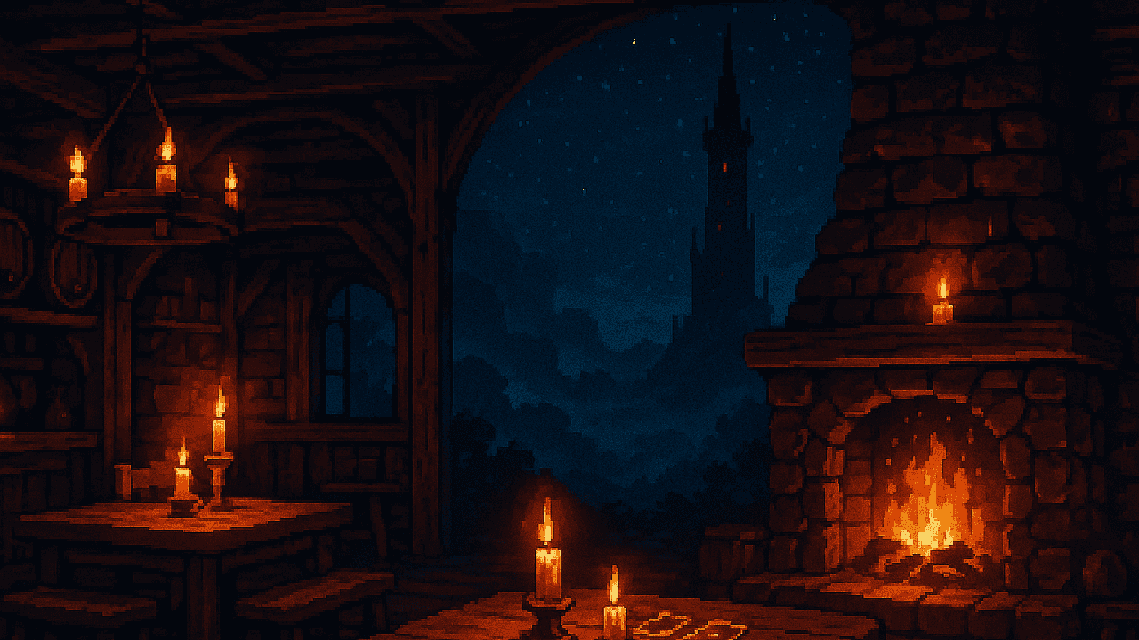 A Taverna Infinita — taverna em pixel art à noite, lareira acesa e a torre ao fundo