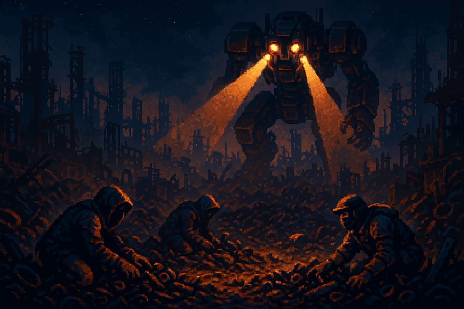 Capa pixel art: Review: ARC Raiders — o extraction shooter que fez todo mundo largar Tarkov pra catar sucata com robô gigante te caçando
